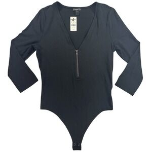 New Black Thong Bodysuit Womens Small Half Zip 3/4 Sleeve Fitted Express Bodycon